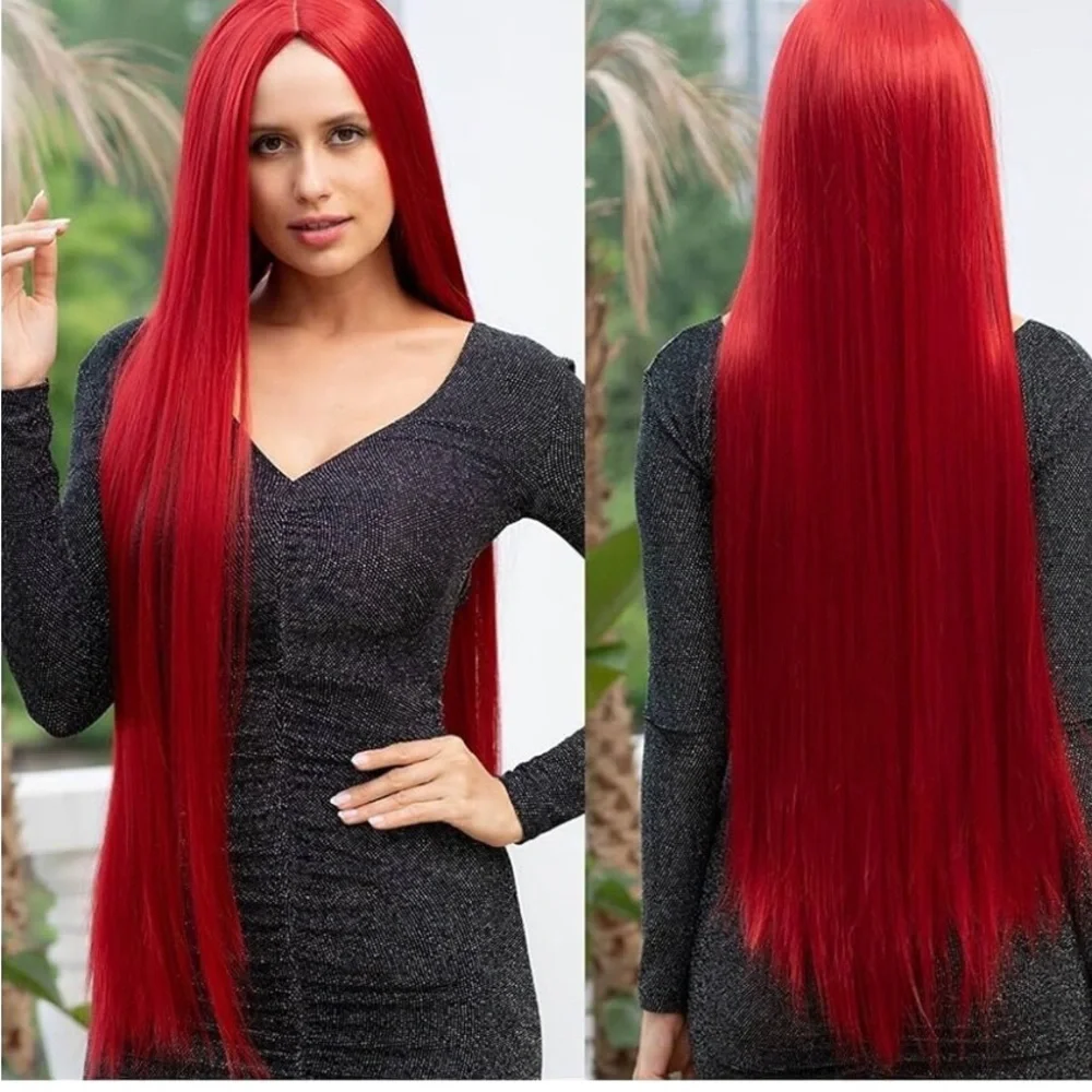 40 inch Straight Red Middle Part Heat  Resistant Synthetic Hair Wigs